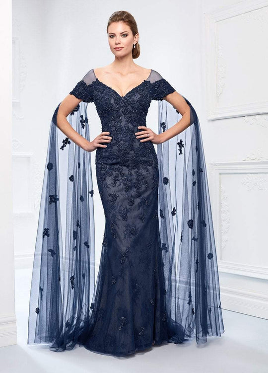 Ivonne D for Mon Cheri - 218D25 Beaded Lace Floor Length Sleeve Dress in Blue