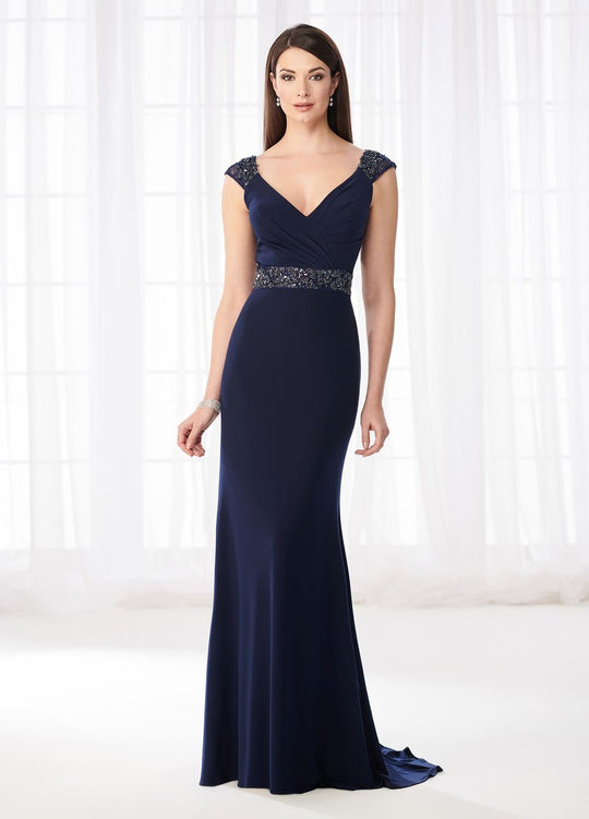 Cameron Blake - 218617 Beaded  Cap Sleeve V Neck Evening Gown in Blue