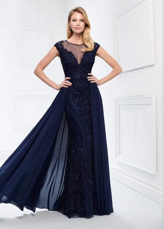 Montage by Mon Cheri - 218914W Embroided Lace Bateau Chiffon Gown in Blue