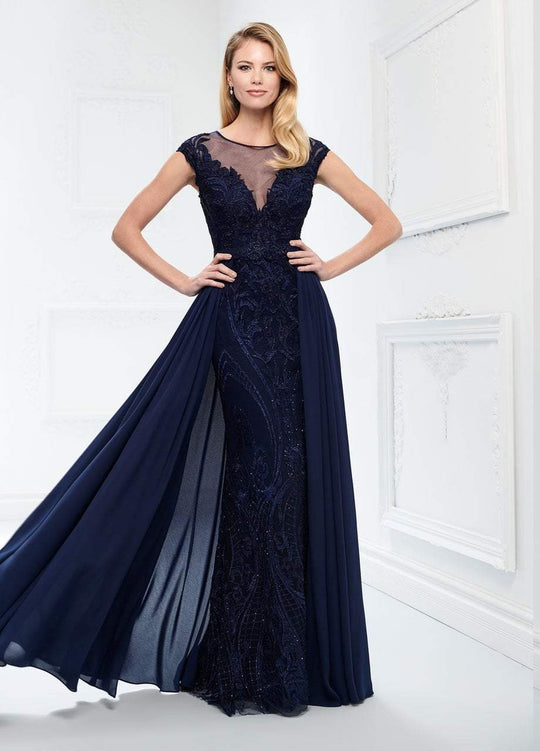 Montage by Mon Cheri - 218914 Embroided Lace Sheer Bateau Chiffon Gown in Blue