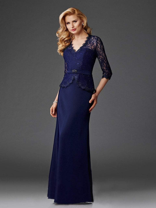 Clarisse - M6444 Lace Patterned Peplum Evening Gown in Navy