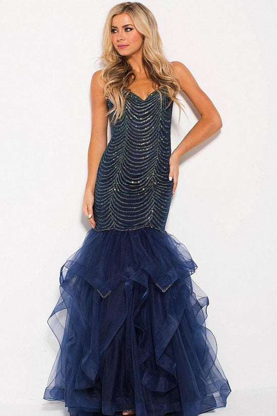 JVN60604 Ornate Strapless Tiered Trumpet Dress