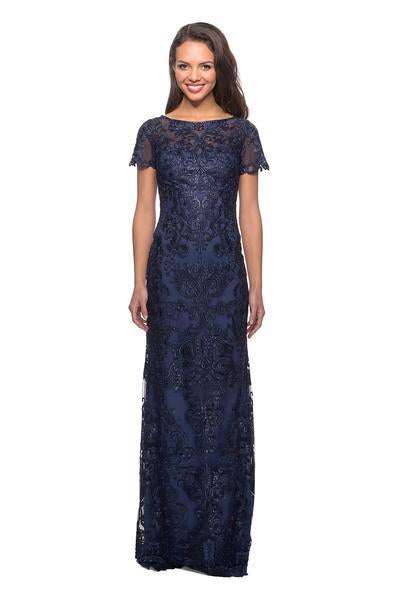 La Femme - 26405 Short Sleeve Jewel-Adorned Lace Sheath Gown In Blue