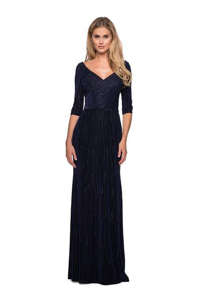 La Femme - 26456 Bead Embellished V-Neck Sheath Dress In Blue