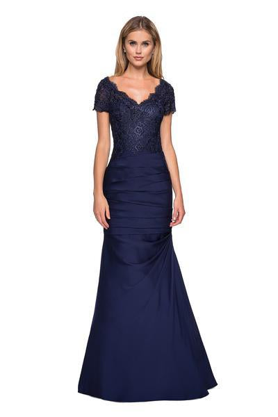 La Femme - 26979 Short Sleeve Lace Bodice Pleated Trumpet Gown In Blue