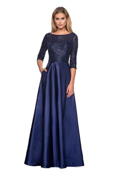 La Femme - 27077 Sequined Quarter Sleeve Bodice Mikado Gown In Blue