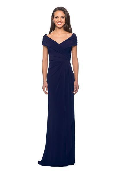 La Femme - 26519 Off Shoulder V Neck Long Sheath Jersey Gown In Blue