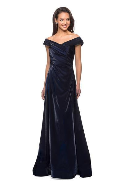 La Femme - 27846 Ruched Off-Shoulder A-line Dress In Blue