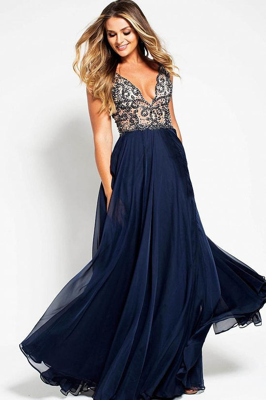 51160 Beaded Deep V-neck Chiffon A-line Dress