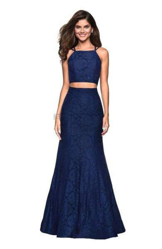 La Femme - 27452 Strappy Two Piece Halter Trumpet Gown In Blue