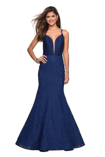 La Femme - 27560 Plunging Sweetheart Strappy Mermaid Dress In Blue