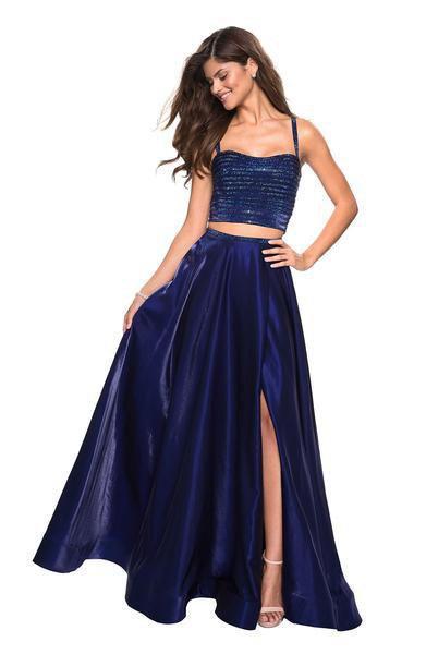 La Femme - 27607 Two Piece Rhinestone Accented Satin A-line Dress In Blue