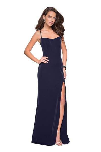La Femme - Beaded Strappy Scoop Gown with Slit 27089 In Blue