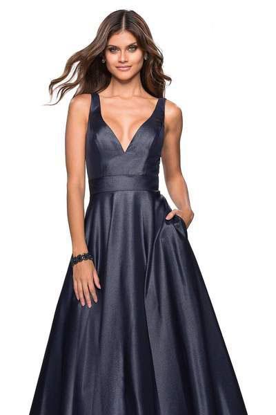 La Femme Gigi - 27202 Deep V-neck Mikado A-line Dress In Blue