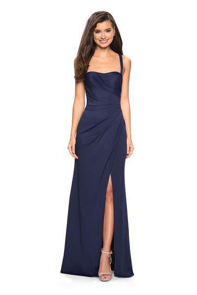 La Femme - 27470 Sleeveless Draped Sheath High Slit Gown In Blue
