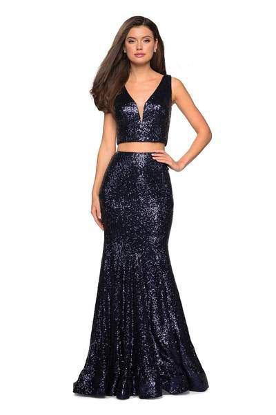 La Femme - 27590 Fully Sequined Deep V-neck Trumpet Dress In Blue