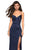 La Femme - 27782 Ruched V-neck Stretch Satin Trumpet Dress In Blue