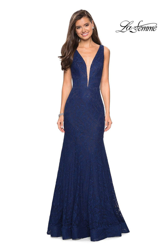 La Femme - 27464 Deep V-neck Stretch Lace Trumpet Dress In Blue