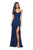 La Femme - 27626 Pleated Surplice Bodice High Slit Gown In Blue