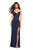La Femme - 27782 Ruched V-neck Stretch Satin Trumpet Dress In Blue