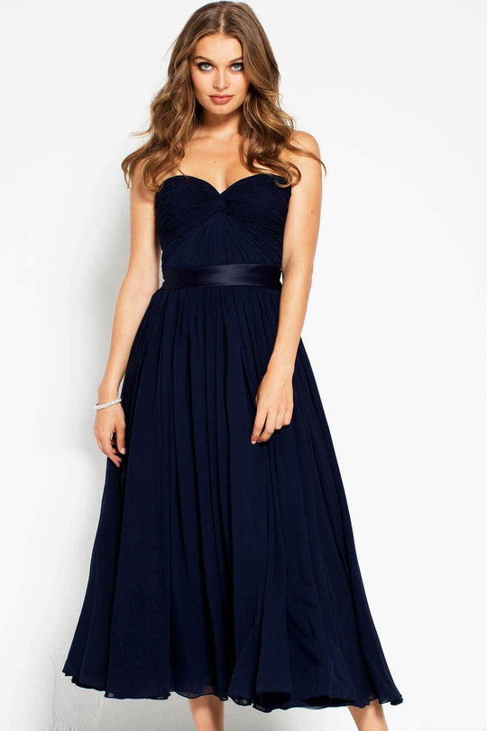 72755 Tea Length Strapless Ruched Bodice Chiffon Dress