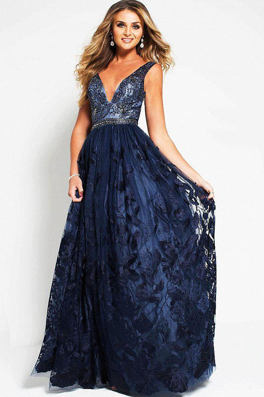 53046 Floral Embroidered Plunging Ballgown