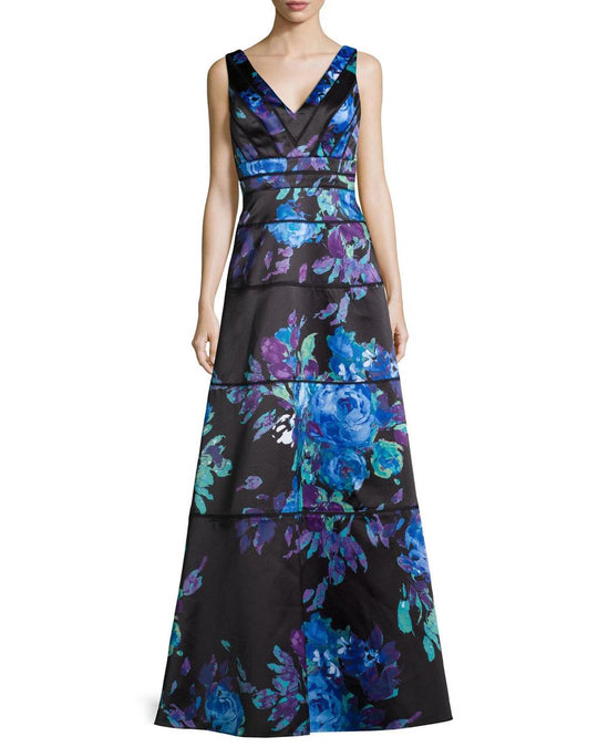 Aidan Mattox - Floral V-Neck Dress 54469110 in Blue and Multi-Color