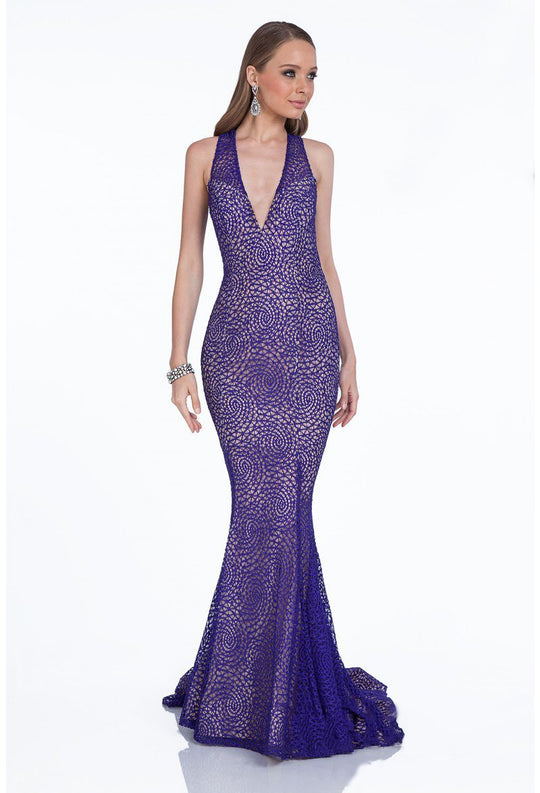 Terani Couture - 1612E0287A Embellished Halter Trumpet Dress in Purple