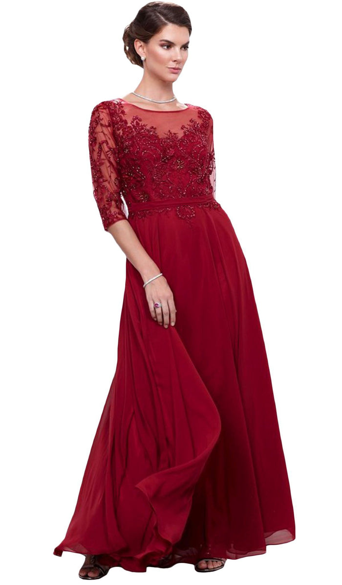 Embroidered Bateau Neck A-Line Gown