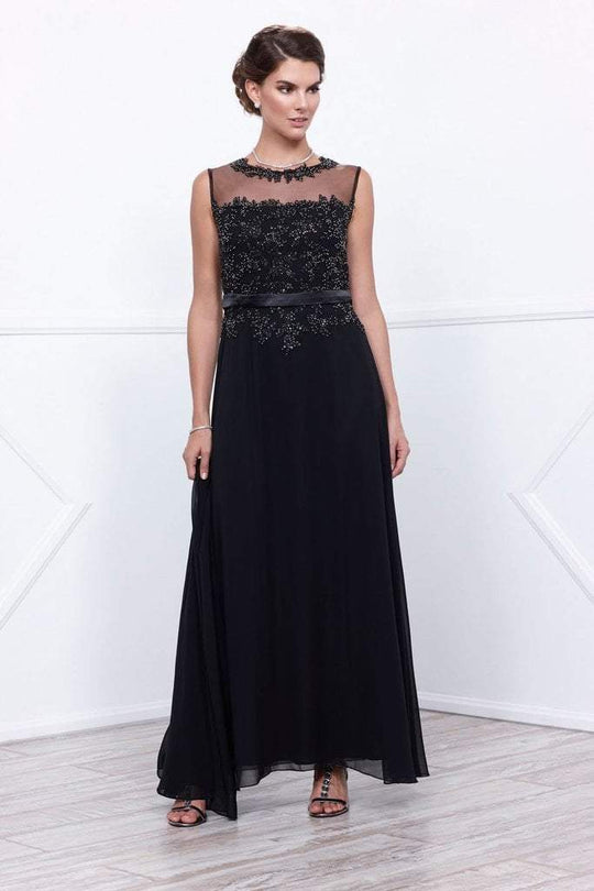 Nox Anabel 5146 Beaded illusion Jewel Neck A-Line Dress in Black