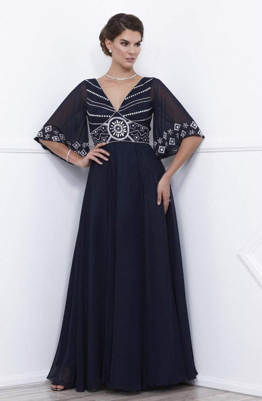 Nox Anabel - 5147 Sheer Sleeve Beaded V-Neck Long Dress in Blue