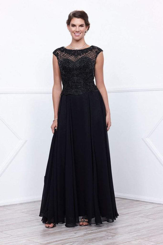 Nox Anabel - 5149 Cap Sleeve Illusion Lattice Gown in Black