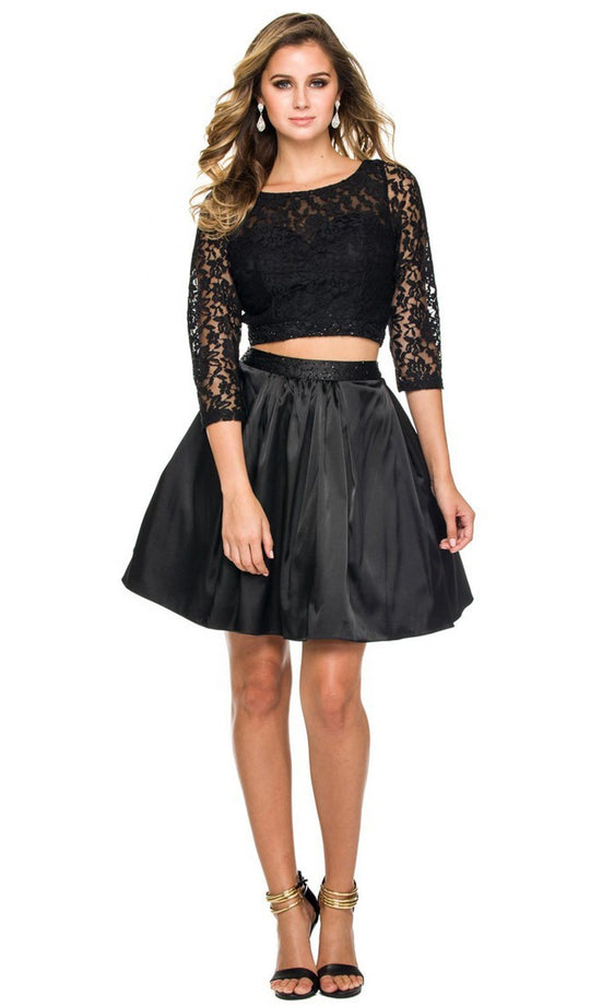 Nox Anabel - 6166 Quarter Sleeve Embroidered Two-Piece A-line Dress