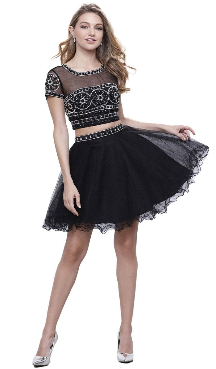 Two Piece Bateau Illusion Cocktail Dress with Short Sleeves and Tulle Skirt