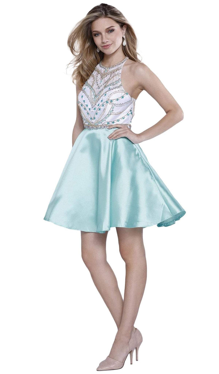 Beaded High Halter Illusion Satin Short Cocktail Dress