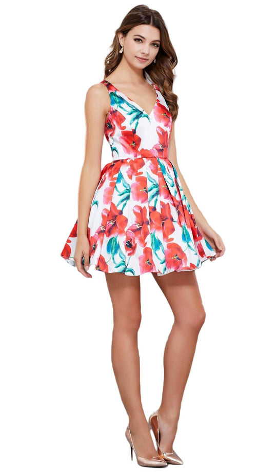 V-Neckline Floral Print A-Line Cocktail Dress