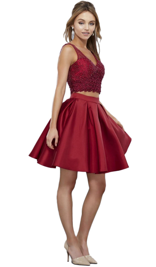 Two Piece Bedazzled V-Neck A-line Cocktail Dress