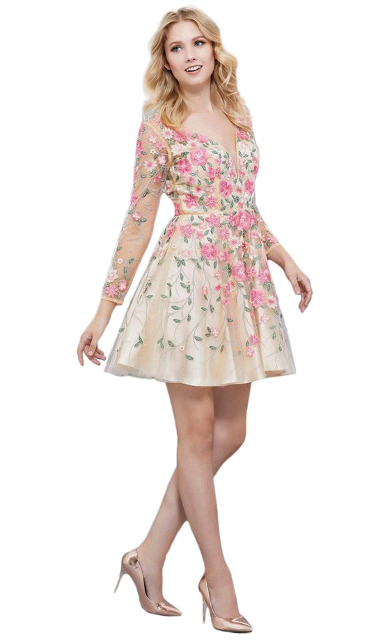 Nox Anabel - 6311 Long Sleeves Floral Embellished Cocktail Dress