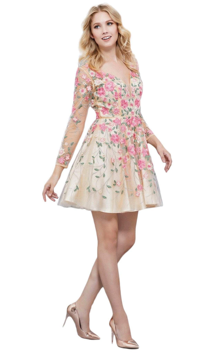 Long Sleeves Floral Embellished Cocktail Dress