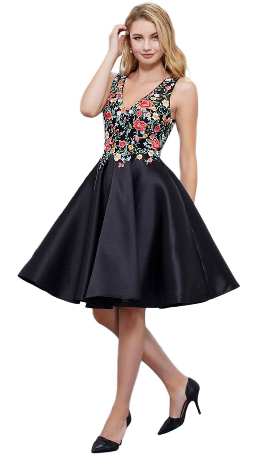 Floral Embroidered V Neck Cocktail Dress