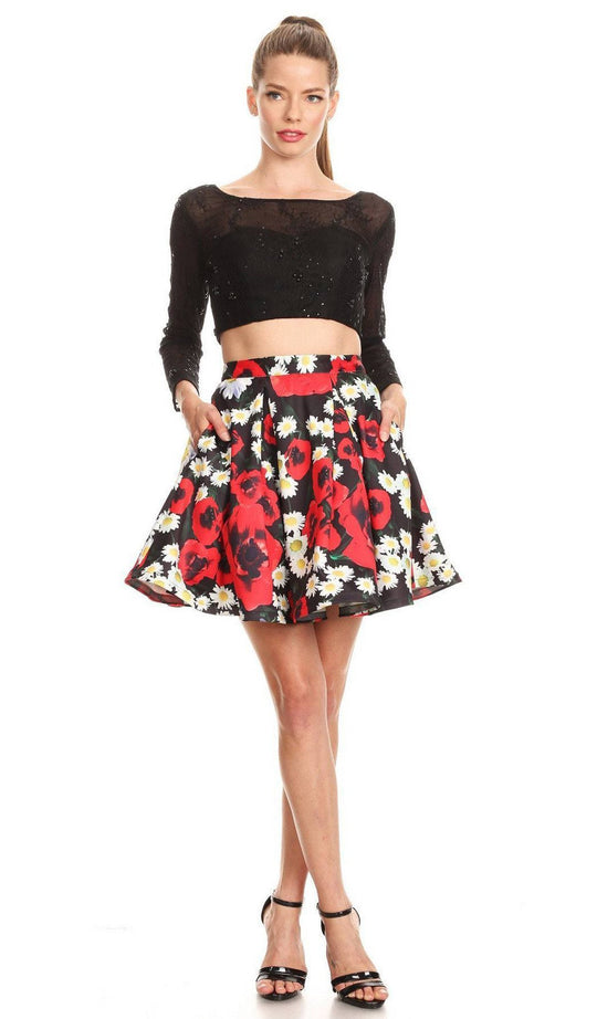 Long Sleeved Two-Piece Floral Party Cocktail Dress
