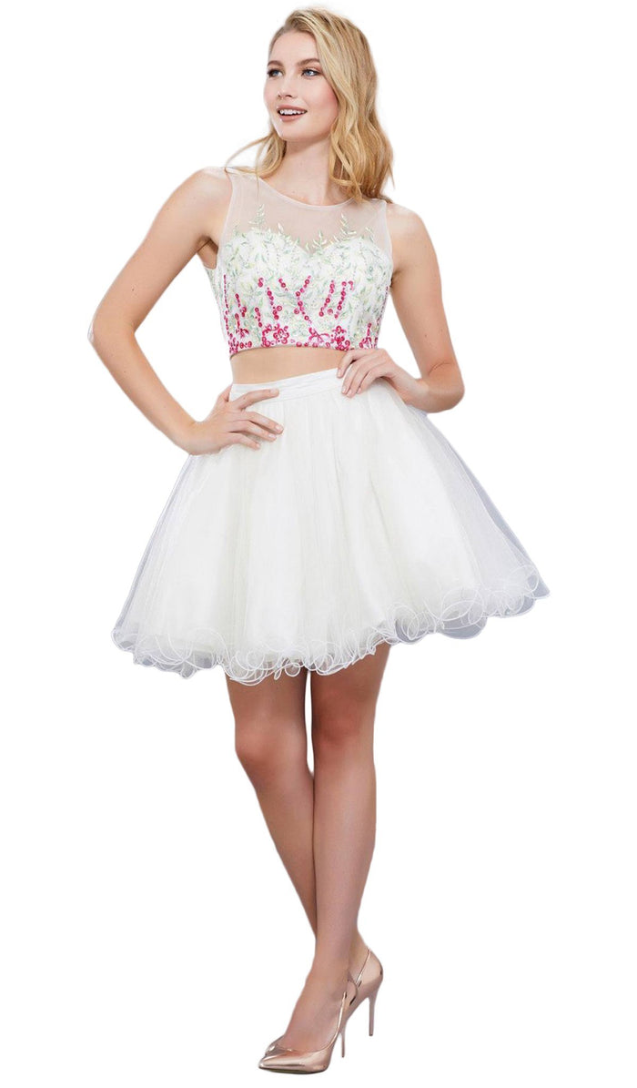 Two Piece Floral and Tulle Illusion Cocktail Dress