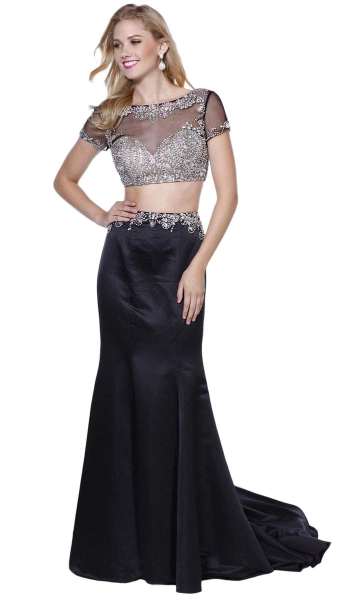 Two Piece Beaded Short Sleeves Trumpet Gown