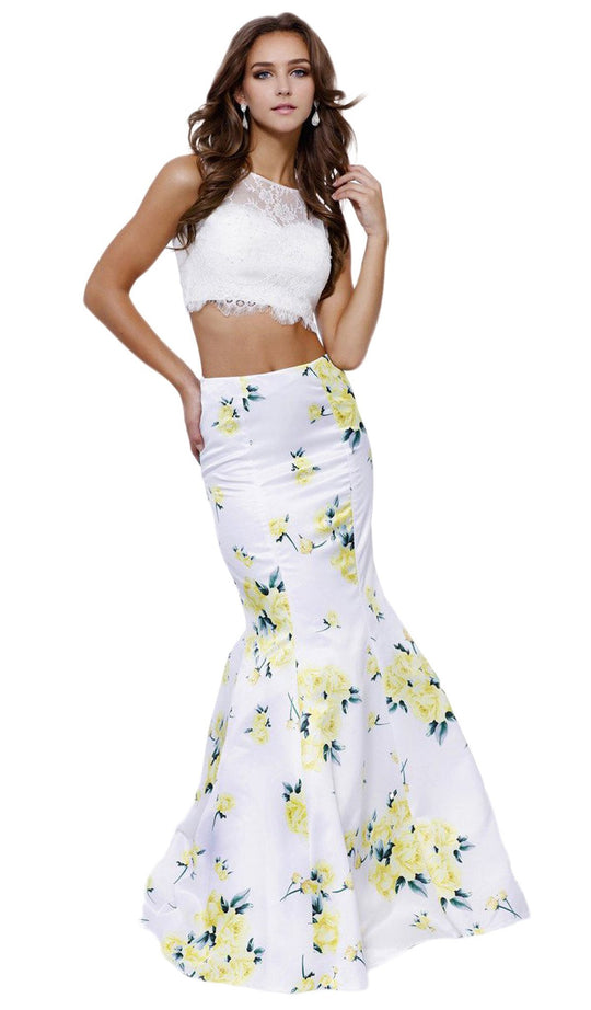 Two Piece Laced Jewel Floral Trumpet Evening Gown