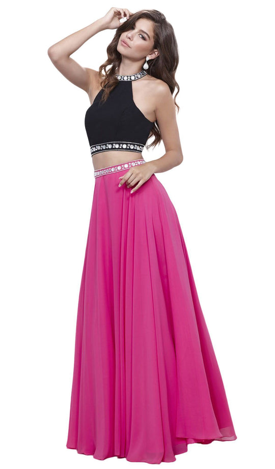 Elegant Two-Piece Bedazzled Halter Neck Long A-line Dress