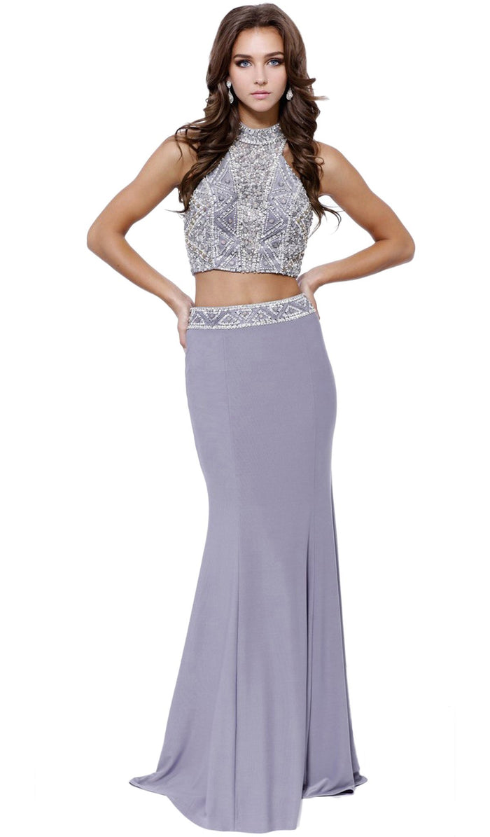 Two Piece High Neck Beaded Long Gown