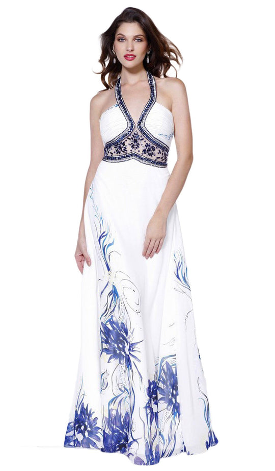 Sleeveless Bejeweled Halter Floral Evening Dress