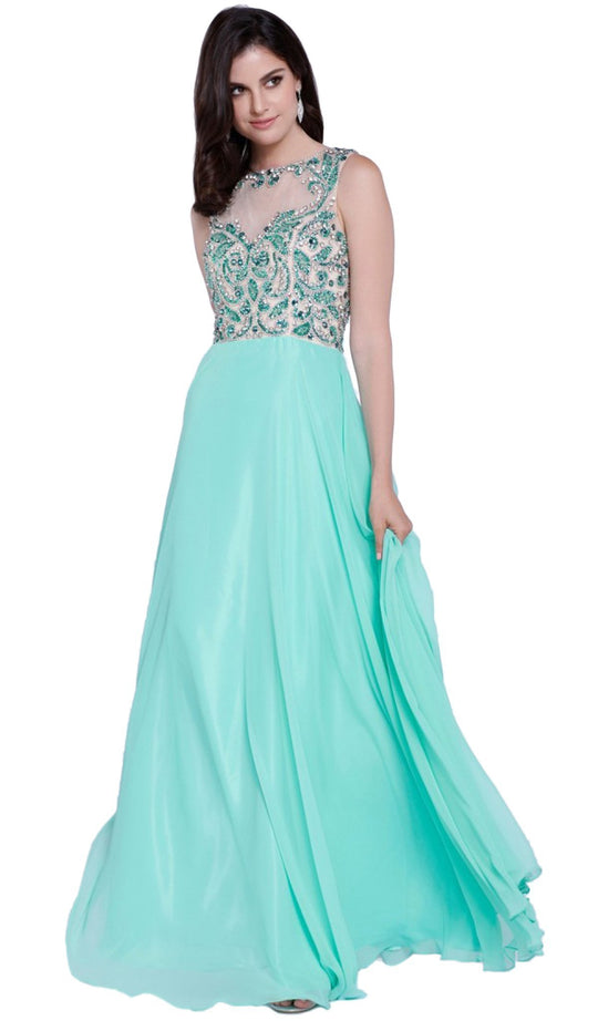 Beaded Embroidery Illusion Evening Gown