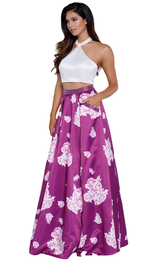 Nox Anabel - 8245 Two-piece Floral Halter A-line Evening Dress