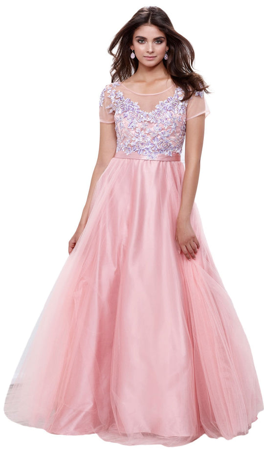 Embroidered Bateau Long Evening Gown